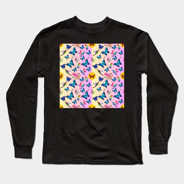 Butterflies hummingbirds and flowers Long Sleeve T-Shirt by Stephen